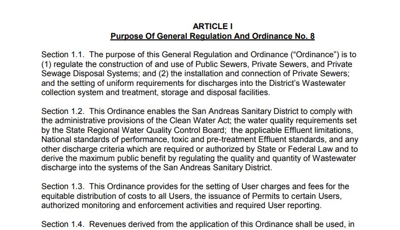 Sewer Ordinance San Andreas Sanitary District